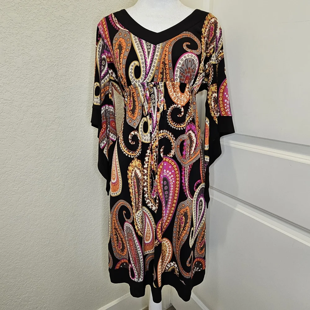 Ronnie Nicole Paisley Midi Dress with Empire Waist, Cascading Bell Sleeves Sz 10 - Picture 8 of 8